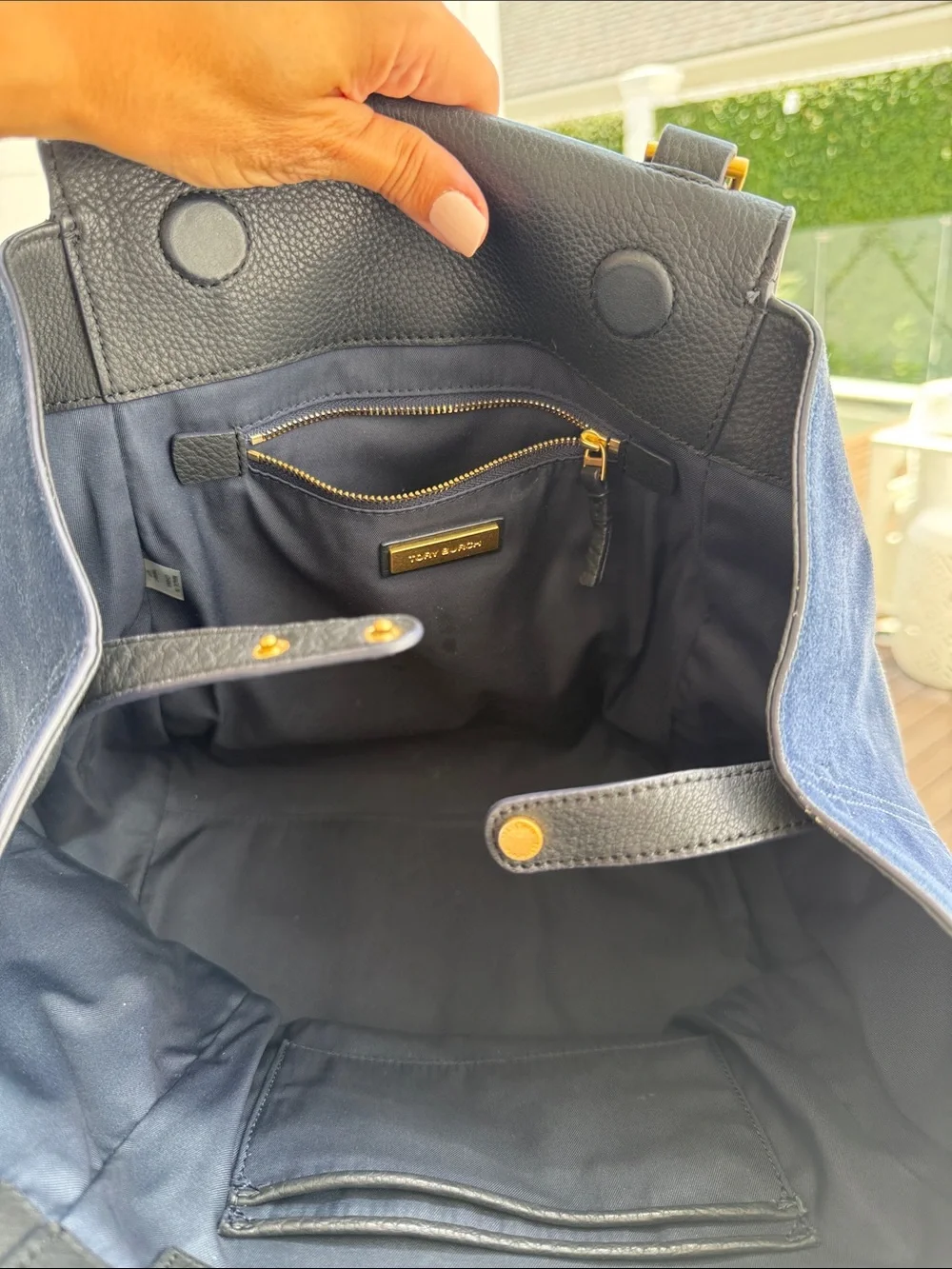 Tory Burch Black Leather with Navy Suede Top-Handle Satchel